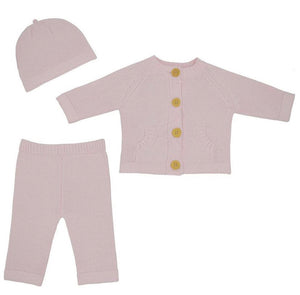 Living Textiles 3pc Cotton Knit Cardigan, Pant & Beanie Set - Blush
